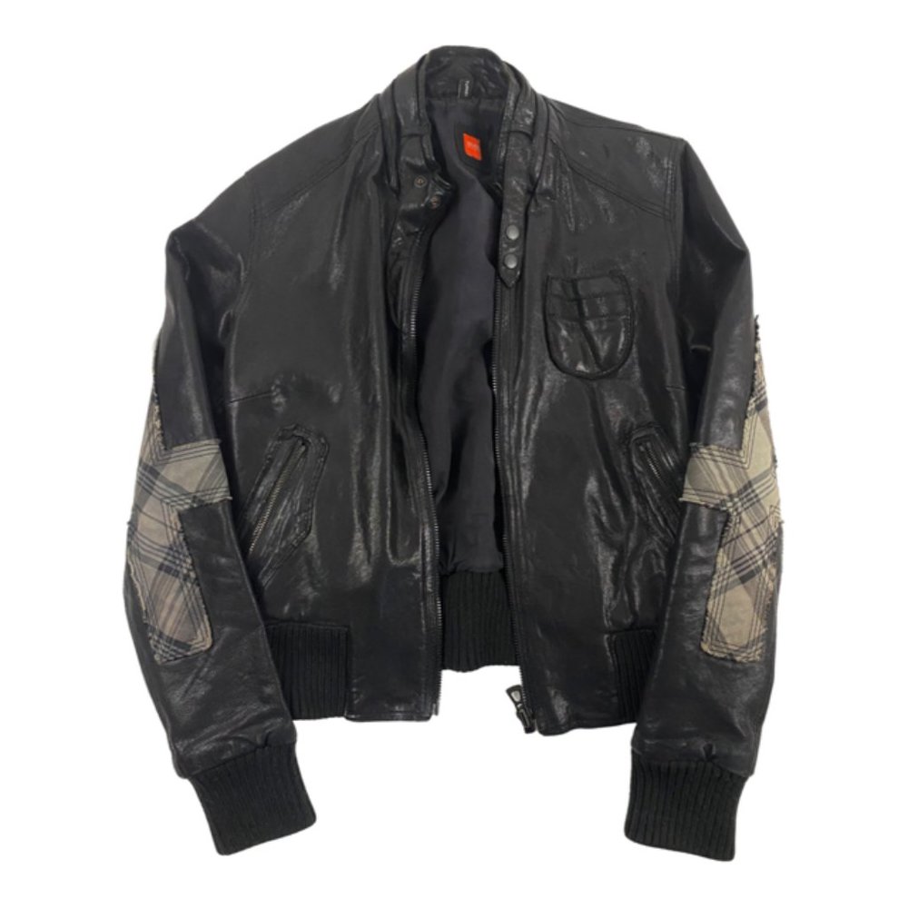 BOSS by Hugo Boss Lamb-leather slim-fit Bomber jacket with elbow patches & studs